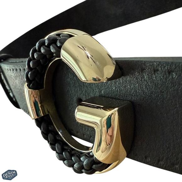 Gucci Unisex Black Calfskin Leather Gold Braided G Logo Buckle Belt | 80•32 - Picture 13 of 15